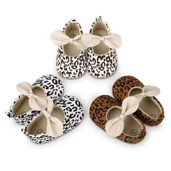 0-2Y Baby Girls Mary Jane Flats Non-Slip Bowknot Princess Dress Shoes Leopard Crib Batai kūdikiams