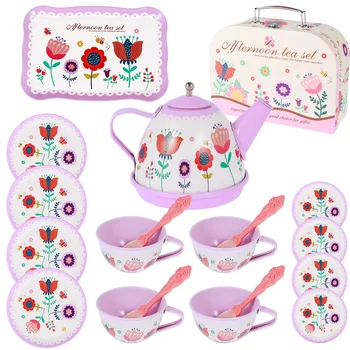 15vnt Vaikų arbatos vakarėlių rinkinys Gėlių popietės arbata Apsimestinis žaislas su arbatinuko puodeliais Padėklas nešiojimo dėklas Nešiojamas modeliavimo princesės arbata