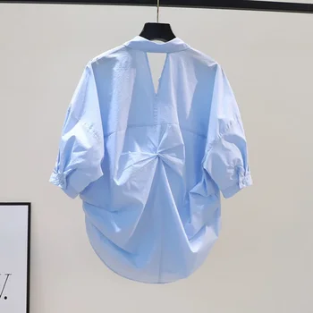 2023 Moteriška palaidinė Balta nugara Susukta plisuota prašmatni ilgomis rankovėmis viršutinė dalis Laisvi oversized marškiniai Korėjietiška versija Camisas X694