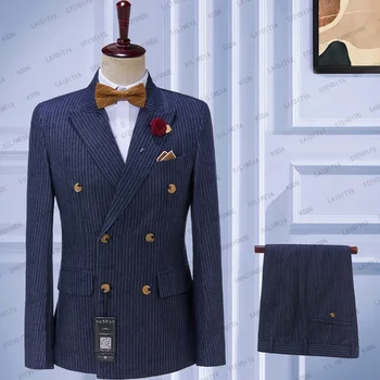 2023 Naujas atvykimas Mėlyna džinsinio audinio juostelė Vyriški kostiumai Dvivietis Naujausio dizaino jaunikis Vestuviniai smokingai Geriausias kostiumas Homme 2 vnt
