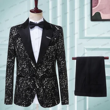 2023 Naujas švarko paltas Vyriški kostiumai Vestuvinė suknelė Gėlių atspaudas 2 dalių komplektas Vyriškas prabangus juodas žakardas ( Švarkas+Kelnės )