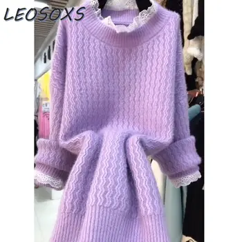 2023 Ruduo ir žiema Korėjiečių megztinis ilgomis rankovėmis Megztinis Laisvas temperamentas Išorinė apranga Vakarietiško stiliaus violetiniai megztiniai Populiariausios moterys