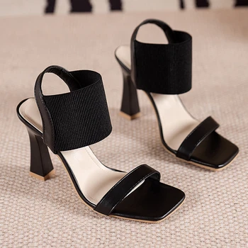 2023 Summer New Square Head Solid Leather Sexy Back Strap High Heel Outwear Open Toe Women Sandals Women's Single Shoes