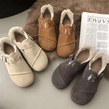 2023 Žieminiai moteriški batai Boken Batai Pliušiniai madingi retro pupelių batai Medvilniniai batai Moteriški plokščio pado viengubai batai Šlepetės