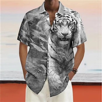 2024 Mada Vyriški marškiniai Animal Tiger 3d Print Havajų marškiniai Vyras Laisvalaikio mada Gatvės marškiniai Laisvi trumpomis rankovėmis Tops Vasara
