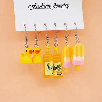 3Pairs/set Mielas 3D geltonas anties gėrimų butelis Ledinis ledinukas Lašas Auskarai Moterys Merginos Papuošalai Pakabinti auskarų rinkinys