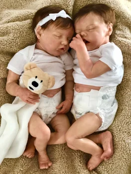 42cm Twins Sisters Full Body Silicone Vinyl Bebe Reborn Girl with Rooted Hair Handmade Lifelike Newborn Doll 3D Paint Skin Doll