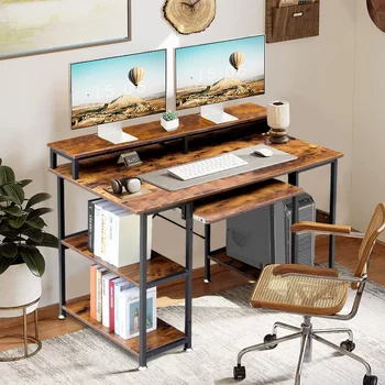 47 colių kompiuterio stalas , namų biuro stalas su lentynomis ir procesoriaus stovu, mokymosi rašymo stalas namų biurui, senovinė ruda