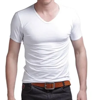 A2673 Summer Hot Sale T- marškinėliai Nauji vyriški V kaklo viršutiniai marškinėliai Tee marškinėliai Slim Fit Trumpomis rankovėmis Vienspalviai laisvalaikio marškinėliai