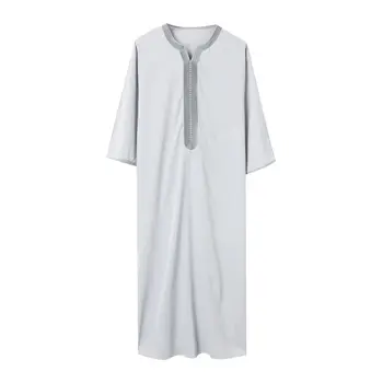 Abaya Man Muslin Fashion Arabic Men Clothing Jubba Thobe Kaftan Dress V-neck Mid Sleeve Siuvinėta Laisvi vyriški islamiški drabužiai