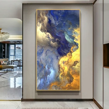 Abstract Golden and Blue Cloud Mist Nordic Wall Art Canvas Plakatai ir spaudiniai Modern Art Fantasy Picture for Living Room Decor