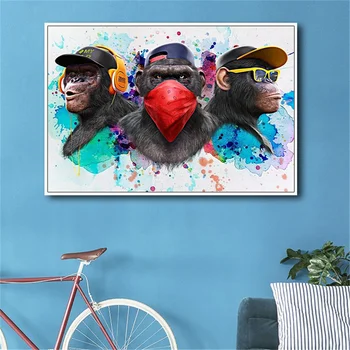 Akvareliniai meno kūriniai Trys hiphopo beždžionės Drobė Tapyba Animaciniai filmai Gyvūnai Drobė Plakatas Gatvės sienos menas Paveikslas Namų dekoras