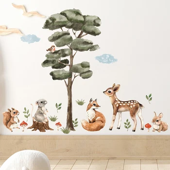 Akvarelės medis ir miško gyvūnai Sienų lipdukai vaikams Kambario dekoras Animacinis filmas Elnias Lapė Zuikis Sienų lipdukai Kūdikių kambario miegamasis