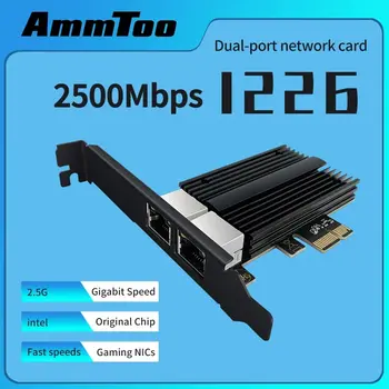 AMMTOO I226 Chip Gigabit Ethernet 2 prievadas PCI Express tinklo plokštė 10/100/2500Mbps 2.5Gbps RJ45 LAN PCIe adapteris destop kompiuteriui