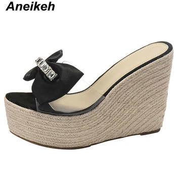 Aneikeh 2024 Fashion Elegant Crystal Diamond Bow Sandals Summer PVC Modern Open Toe Wedge Sandals Women Anti Slip Shoes 34-40