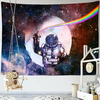 Animacinis astronautas Gobelenas Siena Kabantis žvaigždėtas dangus Iliustracija Psichodelinis raganavimas Meno estetikos kambarys Namų dekoras