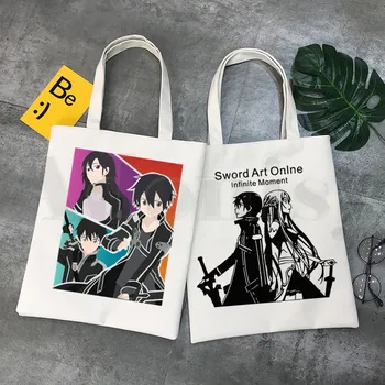 Anime kardo menas internete SAO Kirito Yuuki Asuna rankinės Audinys Drobė Tote krepšys Moterys Ekologiškas Daugkartinio naudojimo pečių pirkėjo krepšiai Bolsas