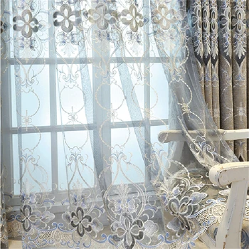 Aukščiausios klasės Europos pilkos užuolaidos svetainei Miegamojo siuvinėtos gėlės Tiulio užuolaidų užuolaidos langų namų dekorui Kortinos