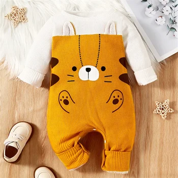 Baby Baby Footless Waffle Jumpsuit Cartoon Tiger Print Long Sleeve Round-Neck Fall Romper