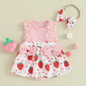 Baby Girl 2Pcs Summer Outfits Sleeveless Strawberry Print Bow Romper Suknelė su galvos apdangalo komplektu Kūdikių drabužiai