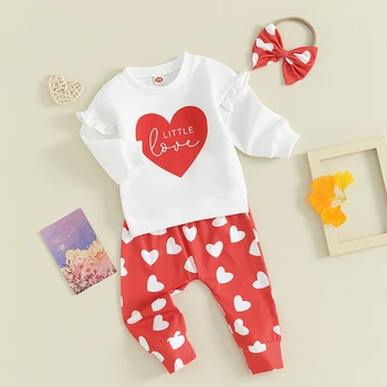 Baby Girl Heart Drabužiai Ruffle Little Love Džemperių kelnių komplektas Valentino dienos gimtadienio apranga Pavasario drabužiai