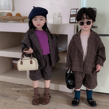 Berniukai, mergaitės, švarkas ir kelnių komplektas, vinatge vaikų pledas, dviejų dalių apranga, korėjietiško stiliaus vaikų drabužiai, kūdikių paltai ir apatiniai komplektai
