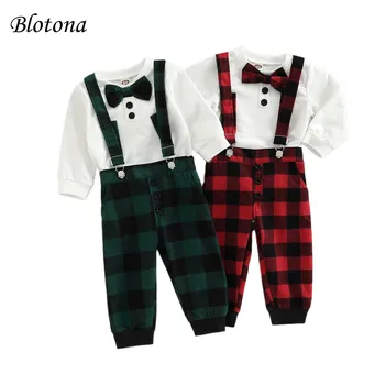 Blotona Baby Boy Kelnių kostiumas, ilgomis rankovėmis apvaliu kaklu džentelmenų lankiniai marškiniai + kalėdinės pledų spausdinimo petnešos kelnės, 3-18Months