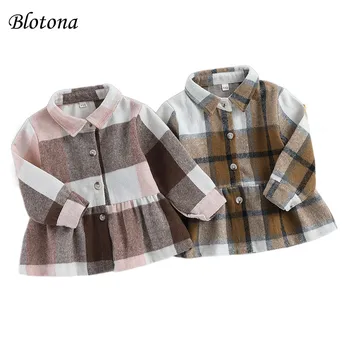 Blotona Kids Girls marškiniai ilgomis rankovėmis, pledas Spausdinti Atlapo sagų uždarymas Rudens pavasario A-linijos viršūnės 6Mėnesiai-7Metai