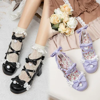 Cross Strap Women Spike High Heels Mary Jane Shoes Party Wedding Cosplay White Pink Lace Ruffles Bow Princess Lolita Pumps 34-43