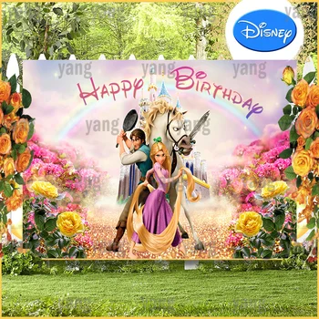 Disney Princess Tangled Rapunzel Cool Cartoon Maximus Spalvingos vaivorykštės gėlės Gimtadienio vakarėlis Fonas Fotografija