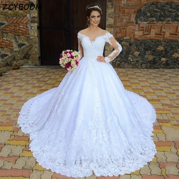 Elegantiška O-Neck karoliukais ilgomis rankovėmis aplikacijos Balta vestuvinė suknelė 2024 A-Line Floor Length Sweep Train Lace Up Bridal Gown