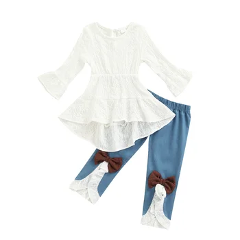 Elegantiškas mažos mergaitės suknelės komplektas ilgomis rankovėmis apvaliu kaklu elastinis juosmuo nugaros sagų viršūnės Elastingas juosmuo Peteliškės kraštas Apvadas Kelnės