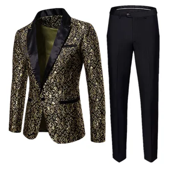 Fashion Men Business Žakardo kostiumas Dviejų dalių juoda / Auksinė / Vyno raudona Vyrų vestuvių vakarėlio suknelė Homme Blazers ir kelnės