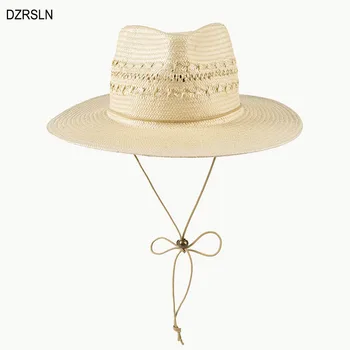 Fashion Women Fedora Straw Hat With Chin, Rope Ladies Summer Sunshade Hat, Vacation Panama Sun Hats Outdoor