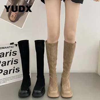 Flock Stretch Women Knee High Boots 2023 New Elastic Band Ladies Autumn Winter Thick Heels Chunky Female Shoes Gothic Punk Solid