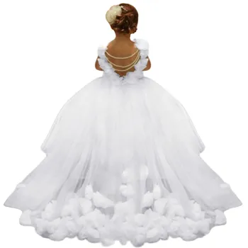 Girls Backless Wedding Flower Girl Dresses Pearl Appliques Tulle First Communion Pageant Suknelė Šepetys Trailing Party Ball chalatai