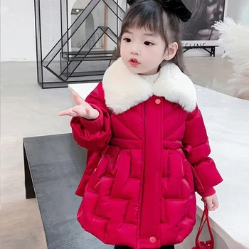 Girls Jacket Winter 2021 Vaikų mados kailio apykaklė Baby Red Žieminiai paltai Vaikai Žemyn Medvilninė striukė Storesnė striukė
