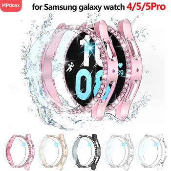 Glass+Watch dangtelis, skirtas Samsung Galaxy Watch 5 40mm 44mm ir 5 Pro 45mm Hard PC Diamond Bling Case Buferis + stiklinė ekrano apsauga