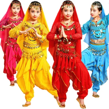 Ilgomis rankovėmis Merginos Pilvo šokio kostiumų komplektas Kids Indijos šokio spektaklis Vaikai Mergaitė Bellydance Girl Egypt Šokių kostiumai
