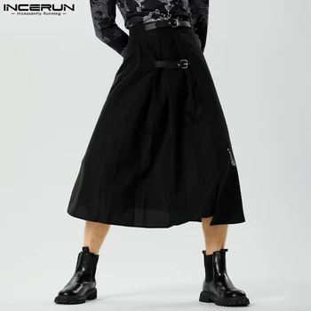 INCERUN 2023 Amerikietiško stiliaus Naujos vyriškos kelnės Plisuota metalinė sagtis Dizainas Pantalonai Stilingi Solid Loose Half Skirt Kelnės S-5XL
