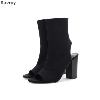Ins Fashion Women trumpi sandaliniai batai elastingi juodi aulinukai ruduo naujausi moteriški batai kvadratinis kulnas peep toe moteriški suknelės bateliai