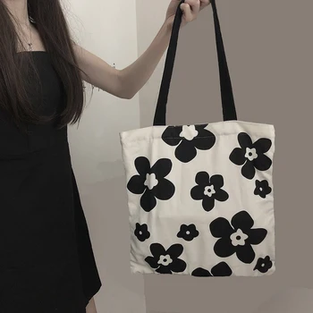 Juodai baltų gėlių drobinis krepšys Moterys Naujas didelės talpos krepšys Studentų krepšiai per petį