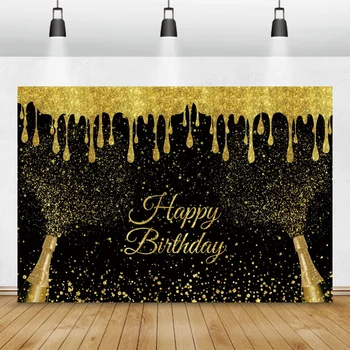 Juodas fonas Su gimtadieniu Auksinis kutas Polka Taškai Šampano butelis Šeimos vakarėlio fotografija Fonas Pasirinktinė nuotraukų reklamjuostė