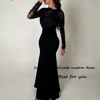Juodos nėrinių undinės vakarinės suknelės ilgomis rankovėmis O Kaklas Bodycon Prom suknelė Dubajus Arabiški oficialūs vakariniai chalatai Grindų ilgis