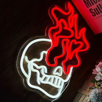 Kaukolės galvos neoninis ženklas Helovino skeletas Kaukolės ugnies LED šviesos ženklas Kaukolės neoniniai žibintai sienų dekorui Anime skeleto dekoro LED lempa