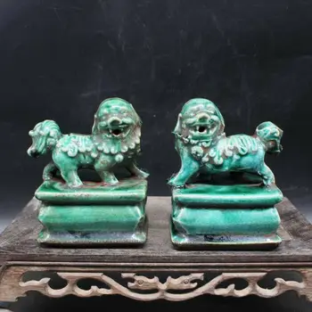 kinų senai pažymėtas žaliai glazūruotas pora porceliano foo šunų rūmų liūtų kolekcija