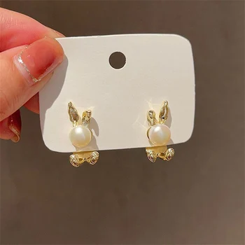 Korėjiečių naujieji perlų triušių auskarai moterims Mergaitė Saldūs ir mieli auskarai Sidabro spalvos adatos auskarai Moteriški