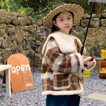 Korėjos žiemos vaikai mergaitė vilnonis paltas medvilnės vilnos storinimas atlapas pledas vaikas mergaitė striukė rago mygtukas ilgomis rankovėmis kūdikio mergaitės paltas