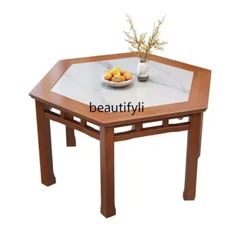 Medžio masyvo šešiakampis stalas Akmens plokštė Valgomojo stalas Naujas kinų stiliaus rąstas Senamadiškas kvadratinis stalas aštuoniems žmonėms