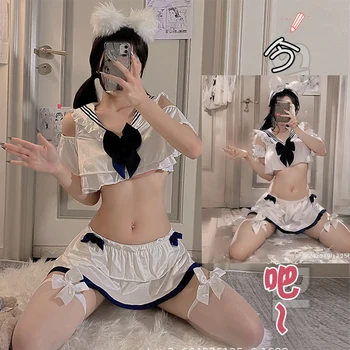 Miela Lolita Anime Cosplay Seksuali tarnaitės uniforma Mergina Ruffle Off Pečių Jūreivio kostiumas Sijonas Moterys Seksualus apatinis trikotažas Vaidmenų žaidimo kostiumas